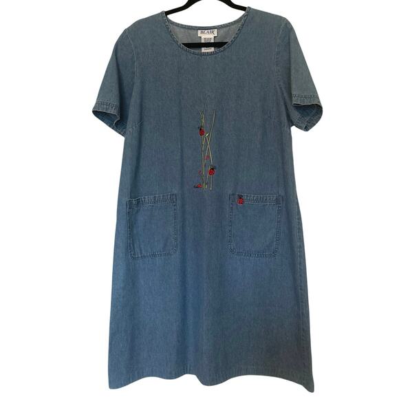 Y2K Blair Peasant Jumper Dress Denim Blue Jean Ladybug Embroidered Cottage Whims - Picture 1 of 5